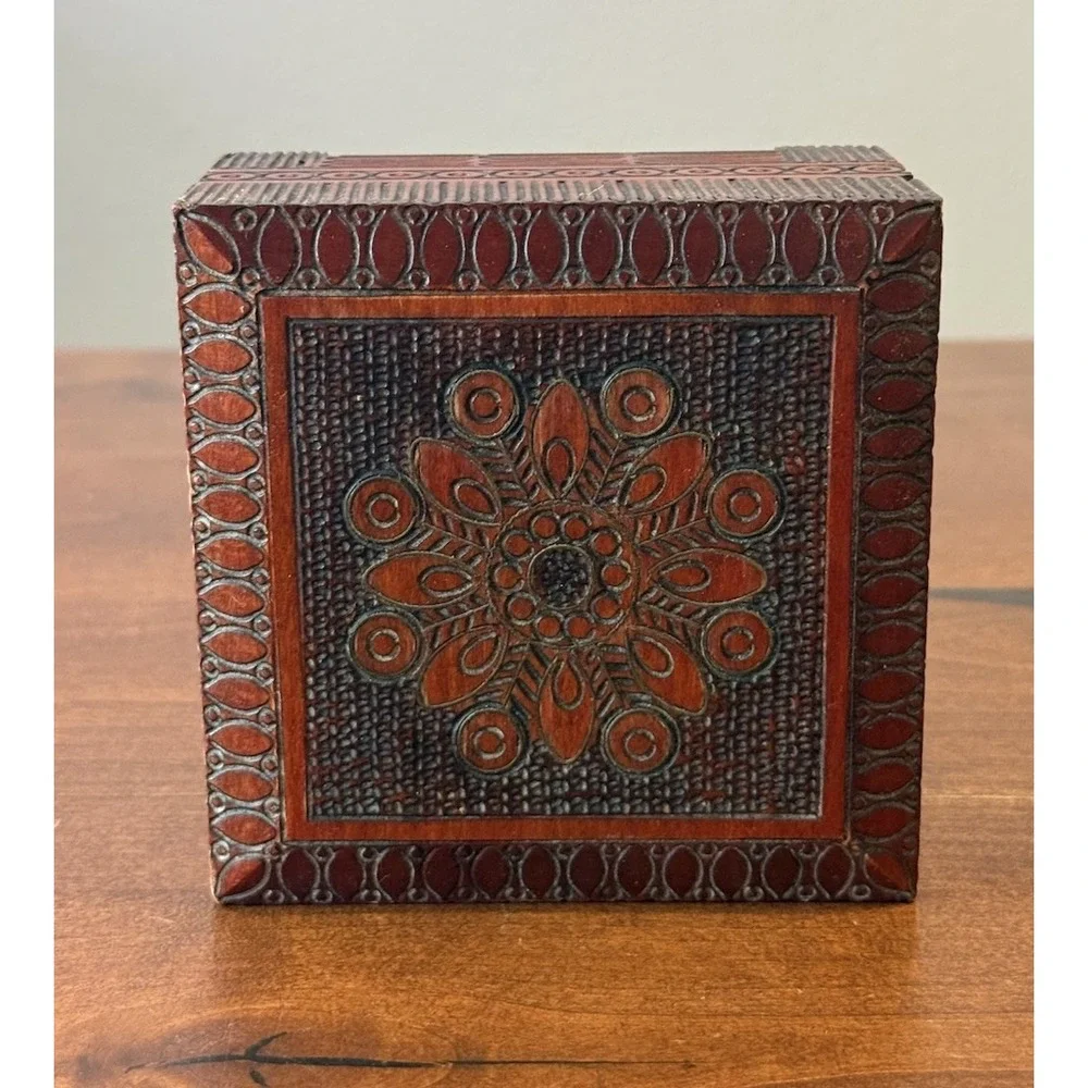 Vintage Hand-Carved Wooden Trinket/ Jewelry Box - Made in Poland